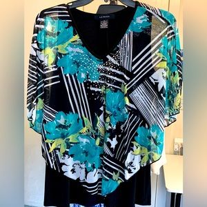 Liz McCoy black sleeveless with sheer floral cover/one piece